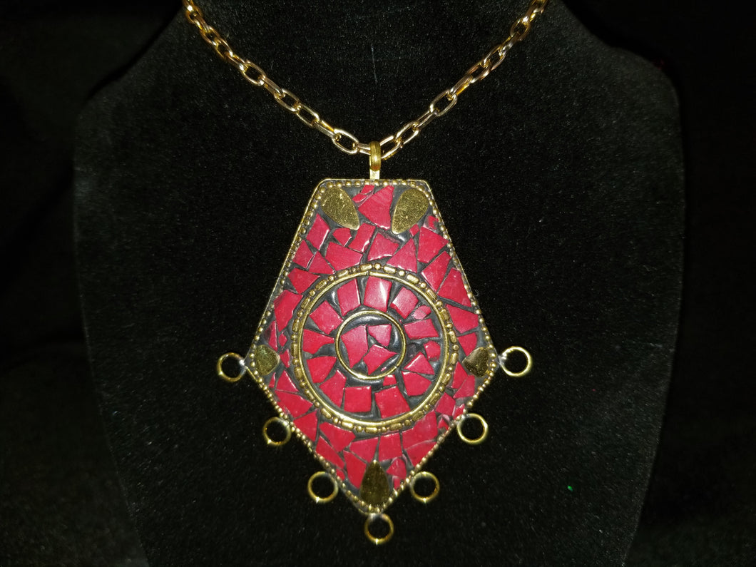 Red Mosaic Inlaid Gemstone Necklace w/chain