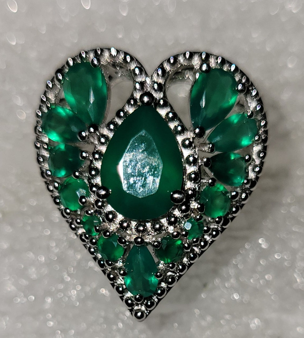 Green Onyx Silver Heart Ring